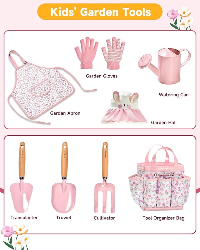 Kids Gardening Tool Set Toys - 8 Pieces Quality Garden Kit for Toddlers & Kids with Shovels, Rake, Watering Can, Hat, Apron, Gloves & Storage Bag（Pink）