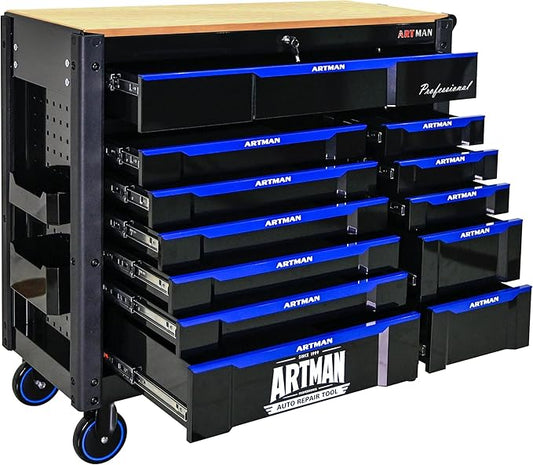 Rolling Tool Chest on Wheels, Heavy Duty Metal Tool Cabinet Chest with 12 Drawers, Wooden Workbench Top, Large Tool Cart for Warehouse, Garage, Workshop, Repair Shop, Tool Organizer Chest