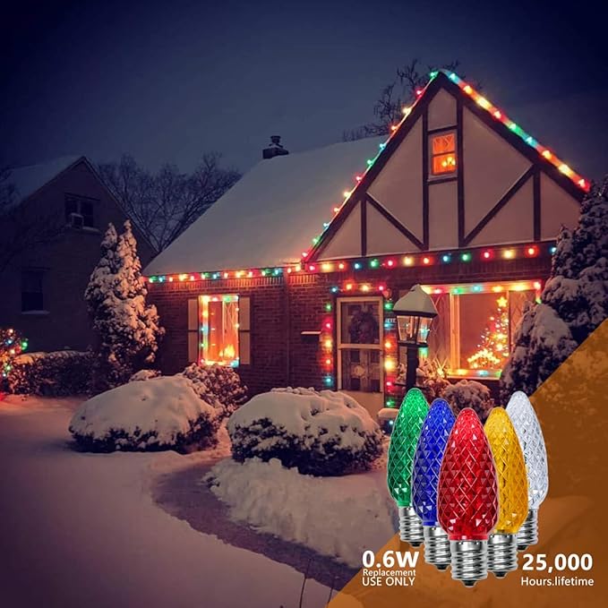 C9 Christmas Light Bulbs 50 Pack, Shatterproof Replacement LED Bulb, Multicolor Fairy Lights for Indoor and Outdoor Holiday Decoration, E17 Base