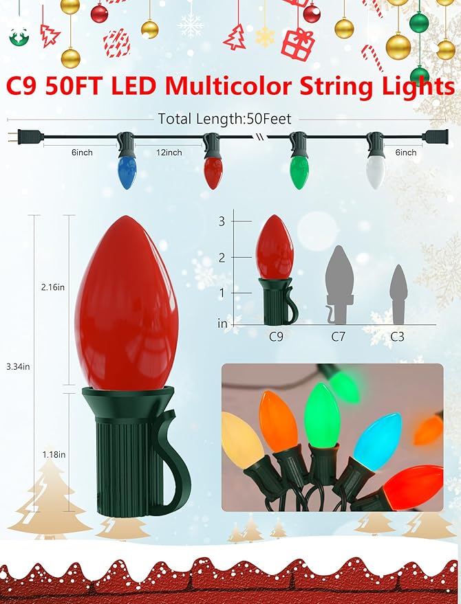 Vintage C9 LED Christmas Lights Outdoor, 50Ft C9 Multicolor Christmas String Lights with 52 Shatterproof LED Bulbs, Hanging Patio Lights for Backyard Roofline Garden Party Pathway Xmas Decorations