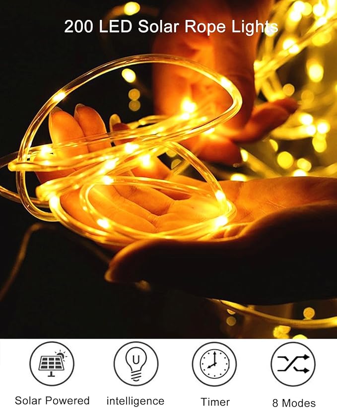 Upgraded 70FT 200 LED Solar Rope Lights, Timer & 8 Modes Trampoline Accessories Solar String Lights, IP65 Waterproof Solar Powered Fairy Lights for Party Garden Yard Tree Camp(Warm White)