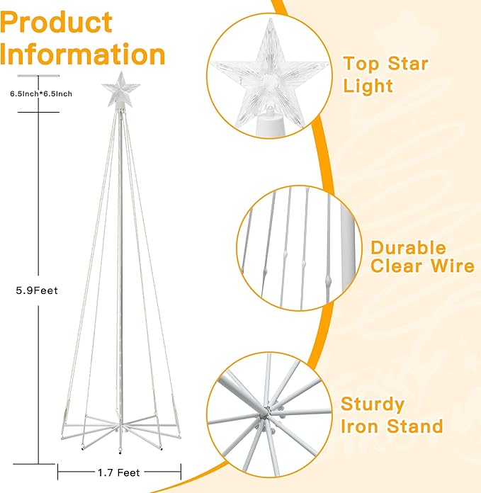 Ollny Christmas Tree Lights, 6FT 170 LED Warm White Outdoor String Lights 8 Modes Timer Function IP65 Waterproof Star Light for Indoor Outside House Yard Xmas Decorations