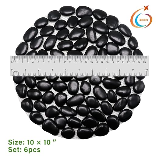 10in River Rock Stepping Stones Set - 6 Pack | Polished Pebble | Long-Lasting PVC Mesh Backing | Perfect for Garden Paths and Lawns Outdoor Landscaping Decoration | Black Circle