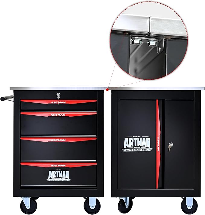 RYH 4/5/6/7 Drawers Rolling Tool Chest -Heavy Duty Mobile Metal Tool Box with Locking Wheels, with Stainless Steel Worktop, Garage Tool Storage Cabinet (Black, 4-Drawers 30.7 H¡¿22.2 W)