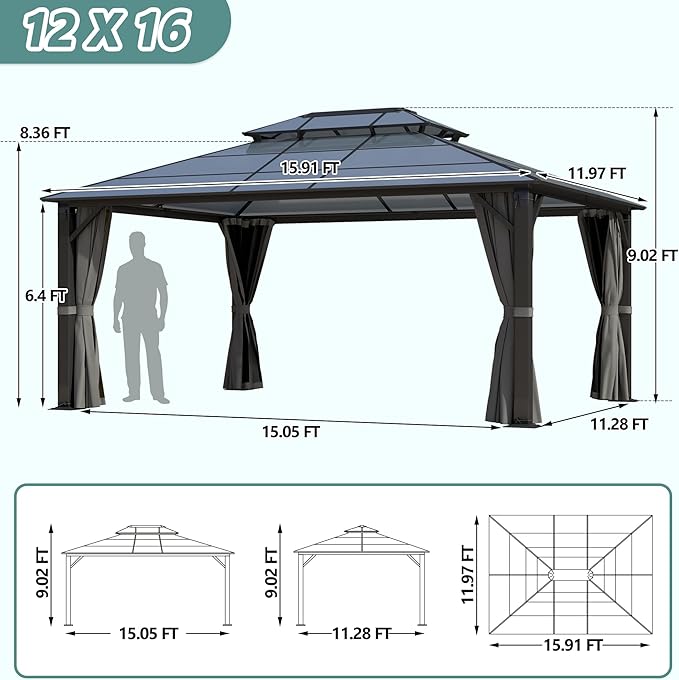 12'x16' Hardtop Gazebo, Patio Gazebo Polycarbonate Double Roof Gazebos with Netting and Curtains, Heavy Duty Metal Pavilion for Patio, Backyard, Deck and Lawn