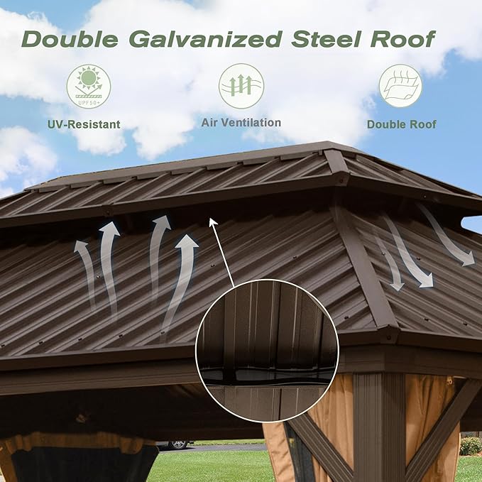 Domi Hardtop Gazebos 10x14FT, Aluminum Metal Gazebo with Galvanized Steel Double Roof Canopy, Curtain and Netting, Permanent Gazebo Pavilion for Patio, Backyard, Deck and Lawn, Brown