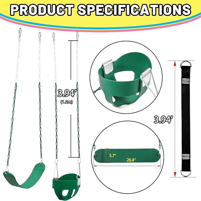 Toddler Swing Set for Outside - High Back Full Bucket Seat with 4 Hanging Straps and Hooks for Kids, Infants, Baby - Outdoor Tree Swing