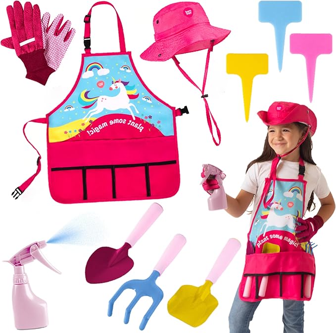 Born Toys Unicorn Kids Gardening Set for Ages 3 & Up, Includes Apron, Sun Hat, Gloves, Shovel - 11pcs Girls Gardening Kit (Pink)