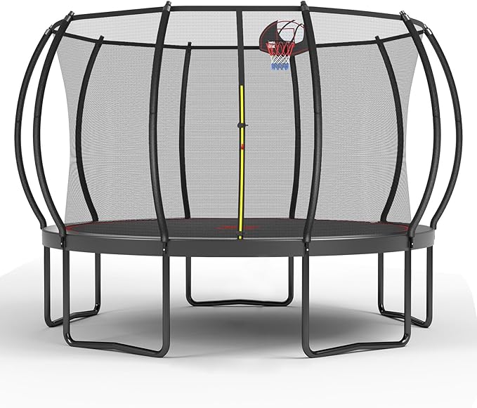 Lyromix 12 14 15 16FT Outdoor Trampolines for Kids and Adults, Pumpkin Trampolin with Curved Poles, Recreational Trampolin with Basketball Hoop and Safety Enclosure Net for Kids and Adults