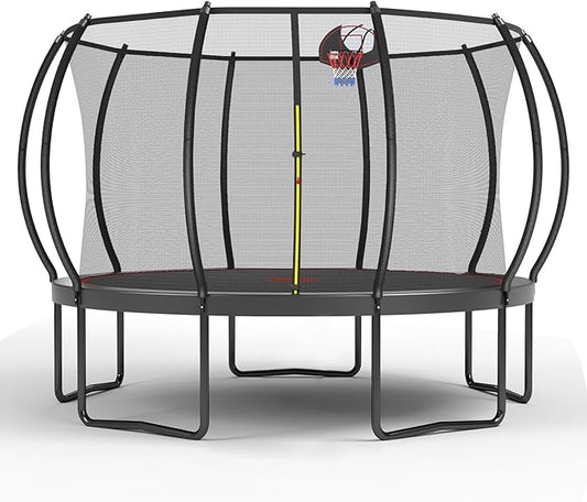 Lyromix 12 14 15 16FT Outdoor Trampolines for Kids and Adults, Pumpkin Trampolin with Curved Poles, Recreational Trampolin with Basketball Hoop and Safety Enclosure Net for Kids and Adults