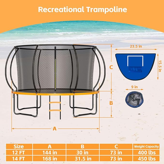 8FT 10FT 12FT 14FT 16FT Trampoline Outdoor, Trampolines for Kids & Adults, Pumpkin Trampolines with Safety Net, Ladder, Coating Metal Frame, ASTM Approved Large Backyard Trampoline for Kids