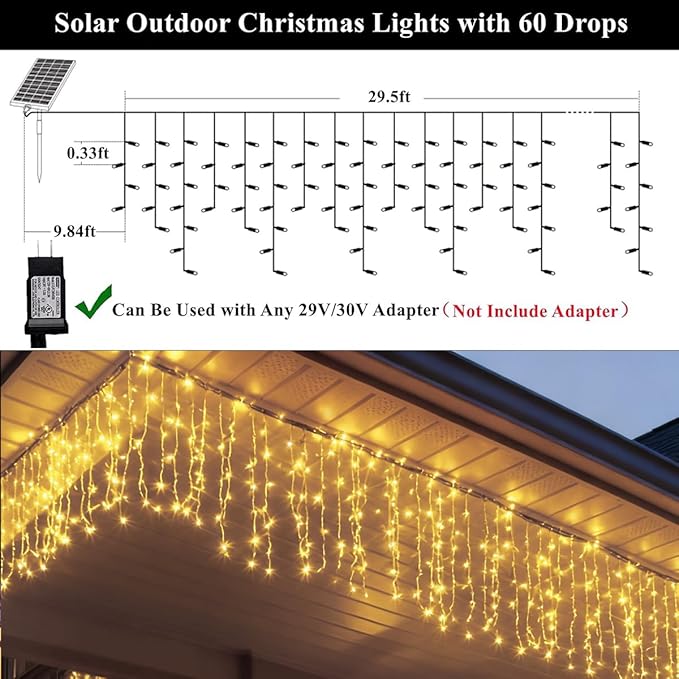 320LED Solar Christmas Lights Outdoor Waterproof Christmas Decorations Lights 29.5ft 60 Drops,8 Modes Solar Powered Rechargeable Fairy Lights for Party, Holiday,Wedding Decorations (Warm White)