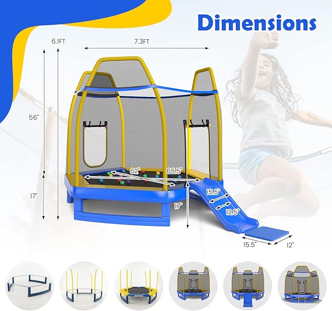 GYMAX Trampoline for Kids, ASTM Approved 7FT Trampoline with Slide, Ladder, Ocean Balls & Mats, Small Indoor/Outdoor Toddler Recreational Trampoline with Enclosure Net, Backyard Trampoline