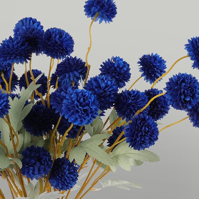 Hananona 12 Piece Artificial Chrysanthemum Flowers, Blue Mini Kiku Pom Pom Mums Patriotic Flower Faux Floral Arrangements 4th of July Centerpiece for Home Kitchen Decor (12, Blue)