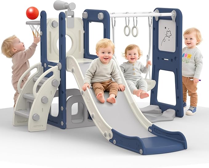 9 in 1 Toddler Slide and Swing Set with Basketball Hoop, Drawing Board, Rings & Telescope Indoor Outdoor Playset for Kids, Playground Activity Center, Toddler Swing and Slide Set
