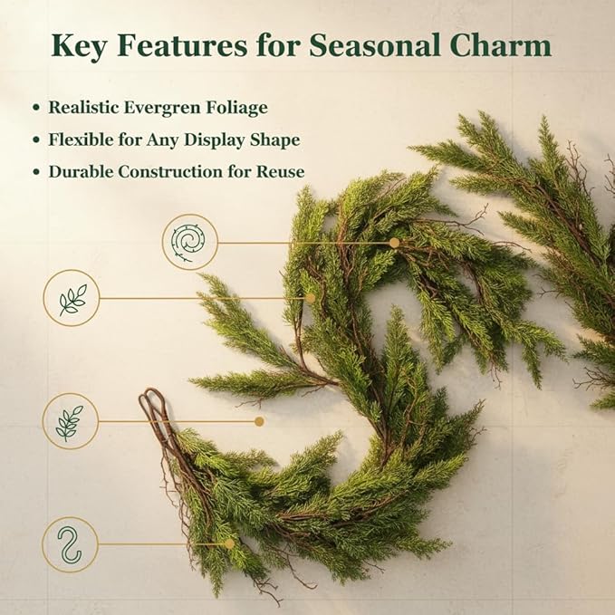 2 pcs 6ft Christmas Real Touch Cypress Garlands with Withered Branches,Suitable for Gifting,Faux Pine Garlands for Xmas Decoration Indoor Stairs Table Railing Fireplace Outdoor (2，6FT)