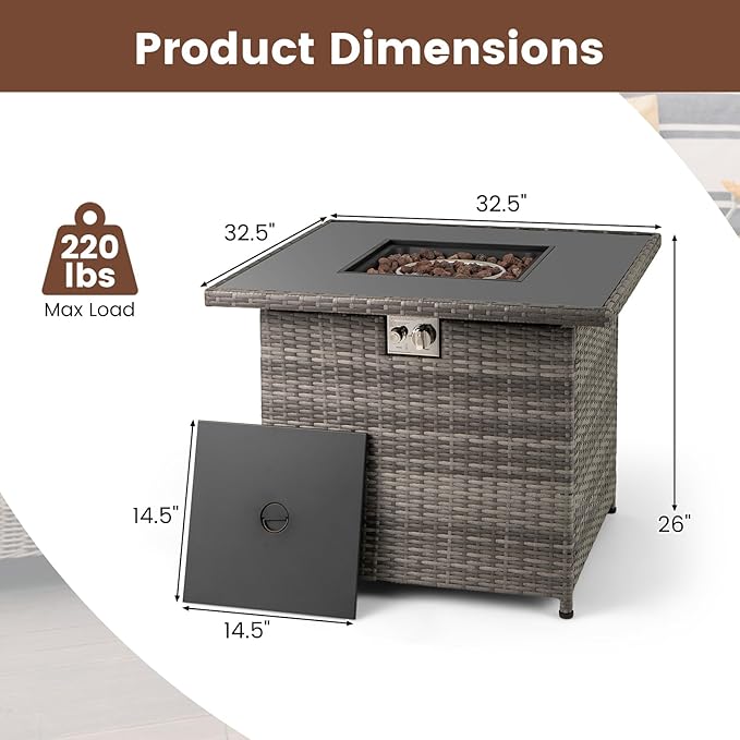 Tangkula 32.5 Inch Propane Fire Pit Table, Outdoor Rattan Gas Firepit with Tempered Glass Tabletop & Stainless Steel Burner, Square Fire Pit with Lava Rocks & Protective Cover for Outside Patio