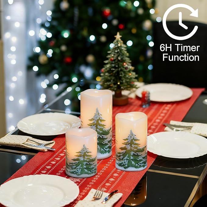 Wondise Rechargeable Christmas Tree Flameless Candles with 6H Timer, Battery Operated LED Real Wax 3D Wick Candles with Charging Base, Set of 3 Christmas Home Decoration Gifts(3 x 4 5 6 Inch)