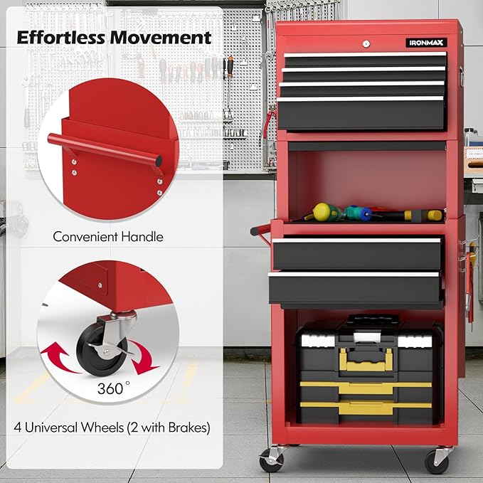 IRONMAX Tool Cabinet on Wheels, 6-Drawer Lockable Rolling Tool Chest w/ 4 Universal Wheels, 2 in 1 Detachable Tool Box Storage Organizer for Garage Workshop Repair Shop, Black & Red