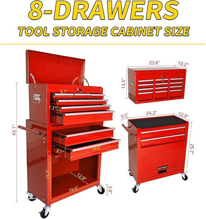 Rolling Tool Chest with Wheels, 8-Drawer Steel Tool Storage Cabinet with Lockable Top, Heavy-Duty Mobile Tool Box Organizer for Garage, Workshop & Job Site