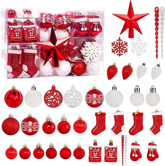 Christmas Tree Ornament Set - 132pcs Red and White Ball Decorations, Shatterproof Hanging Ornaments, Large and Small Assortment for Holiday Party Decor