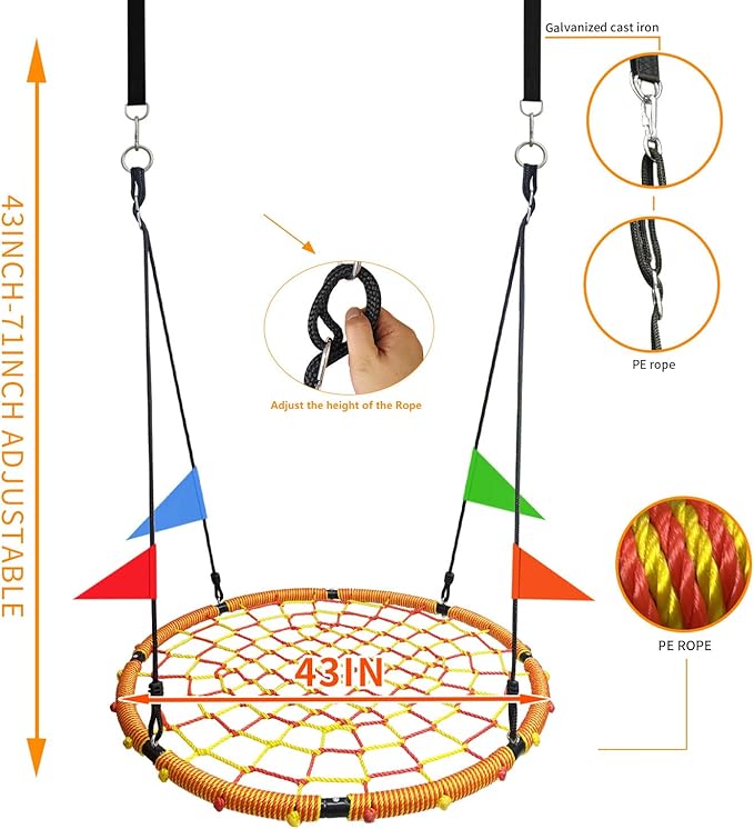 43 Spider Web Swing,Tree Swing for Kids Outdoor,Outdoor Large Web Swings£¬900Lb Weight Capacity, with 71 Detachable Nylon Rope Swivel£¬for Backyard, Playground (Red-Yellow) (43in)