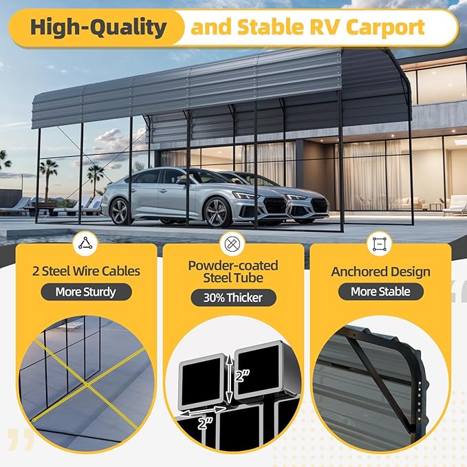 EROMMY 14x25 FT RV Metal Carport, Heavy Duty Carports with Reinforced Steel Frame, Weather-Resistant Galvanized-Steel Roof Shelters, Outdoor Car Shed for 2 Vehicles, Truck, Boat and SUV, Gray