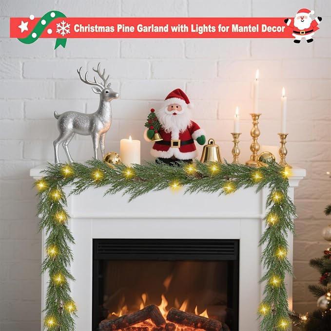Artgar 2Pcs Christmas Cedar Garland, 6 Ft Realistic Pine Garland, Prelit Christmas Garland with 30 Warm Lights with 8 Light Modes for Mantels Stair Table Indoor Outdoor Winter Xmas Decor (Green 2Pcs)