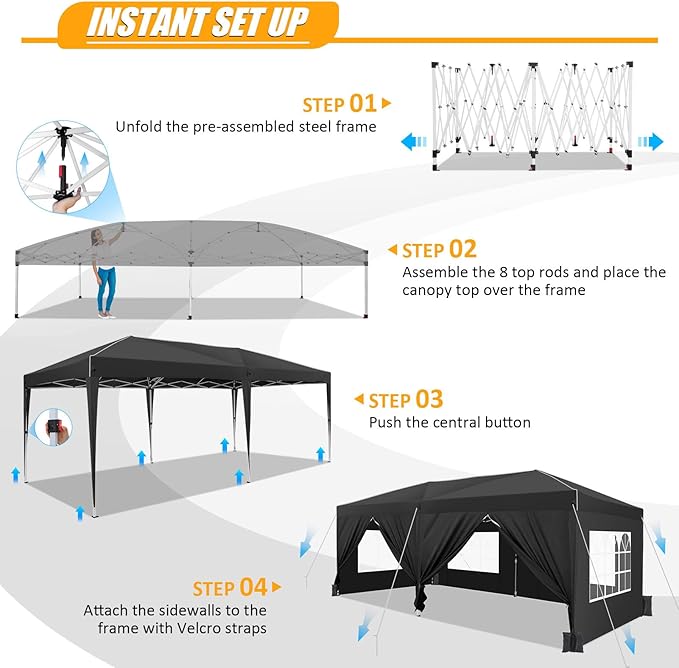 HOTEEL 10x20 Pop Up Canopy with 6 Sidewalls,One-Push Setup Canopy Tent with 8 Windbreak Poles,Waterproof Shade 10x20,Outdoor Canopies for Parties,Weddings,Camping,Patios (Black)