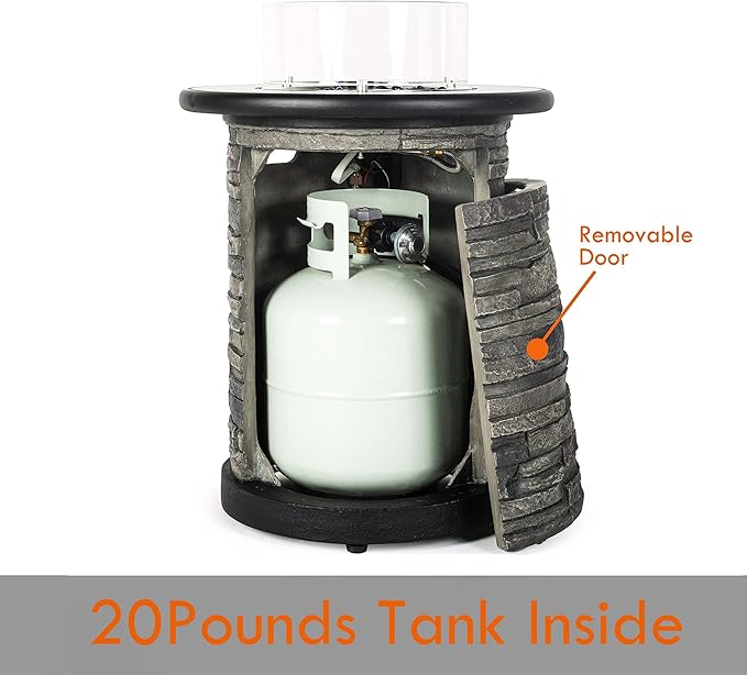Outdoor Propane Fire Pit Table, Round Porcelain Tile Top 22 Fire Bowl Column W/ 40,000 BTU Firepit Table Auto-Ignition 400D Cover Glass Rocks for Outside Patio