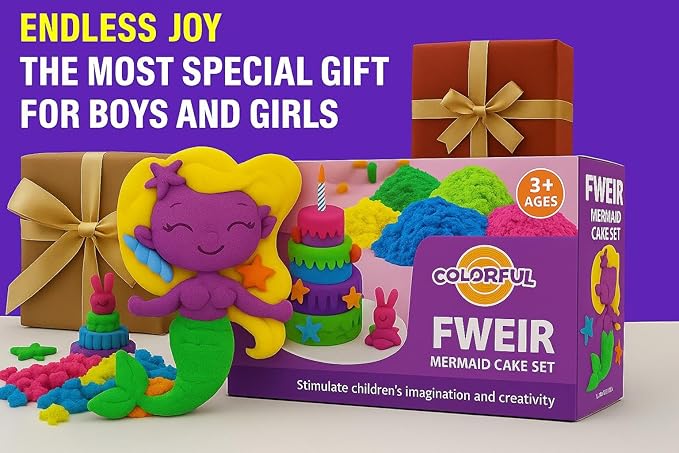 Fweir Sensory Bin for Boy Girl Kid Toy,50+Pieces Play Sand Kit with Sandbox, 3.5lbs Color Sand, 27 Molds Including Mermaid & Unicorn, Cake Cups, Waffle, Sensory Toys for Girl Toddler Ages 3-8
