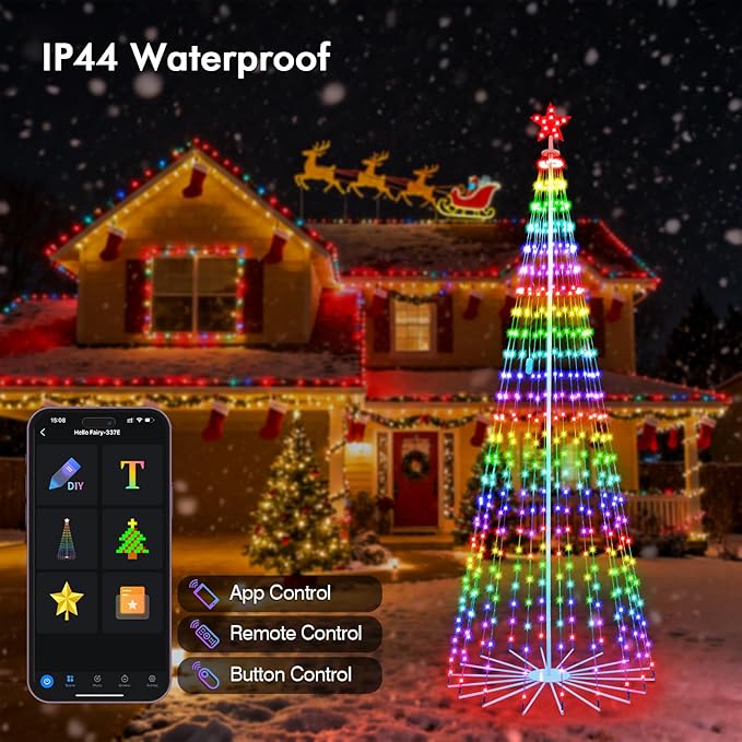 9FT Outdoor Christmas Tree, RGB Color Changing Pre-lit Smart Cone Christmas Tree with LED Lights, App&Remote Control, DIY Multi-Color Lightshow, Music Sync, Christmas New Year Decoration