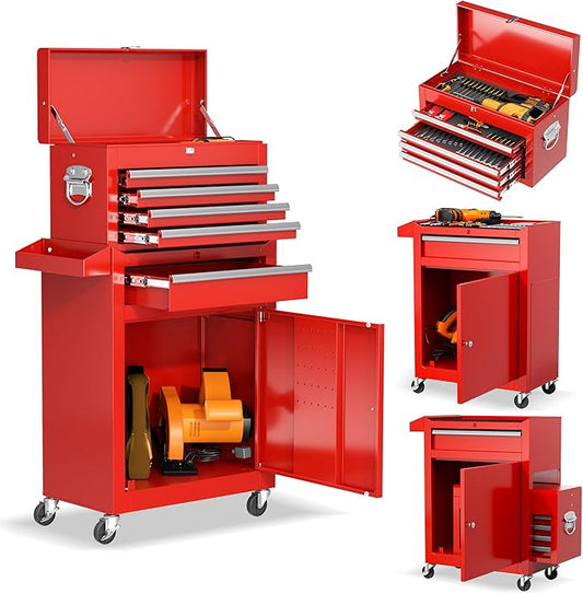 Crownland 5-Drawer Rolling Tool Chest with Wheels, Lockable 2 in 1 Detachable Tool Cabinet wit Drawers and Black Liners, Garage Top Toolbox & Bottom Storage Cart with Side Hooks(Red)