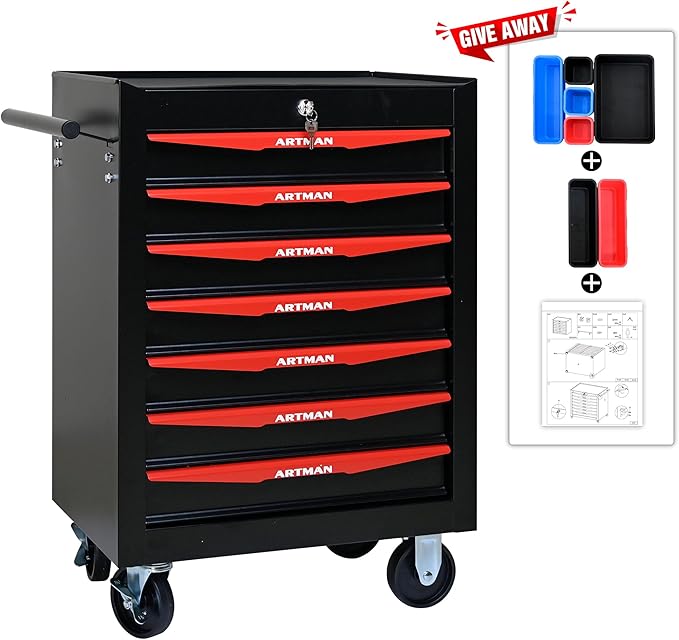 RYH 7 Drawers Rolling Tool Chest - Heavy Duty Mobile Tool Cart with Locking Wheels & Ball Bearing Drawers,30.5 H x 20.9 W x 13 D Garage Tool Storage Cabinet (Black, 7 Drawers)