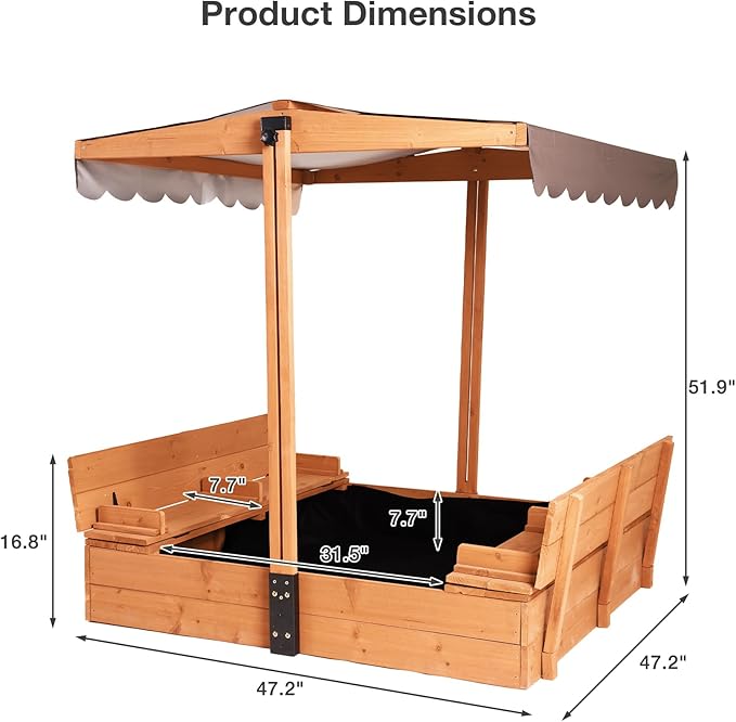 Sandbox with Lid and Cover, Outdoor Sand Box for Kids with 360¡Æ Adjustable Canopy, 2 Foldable Bench Seats & Sand Leak-Proof Liner
