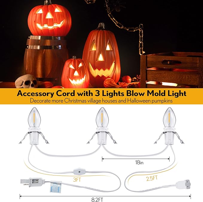 Meonum 3 Pack Accessory Cord with 3 LED Light Bulbs, 8.2 Ft Indoor Blow Mold Light Cord with Female Plug for Halloween Pumpkins Christmas Village Houses and Craft Projects Decoration, Warm White