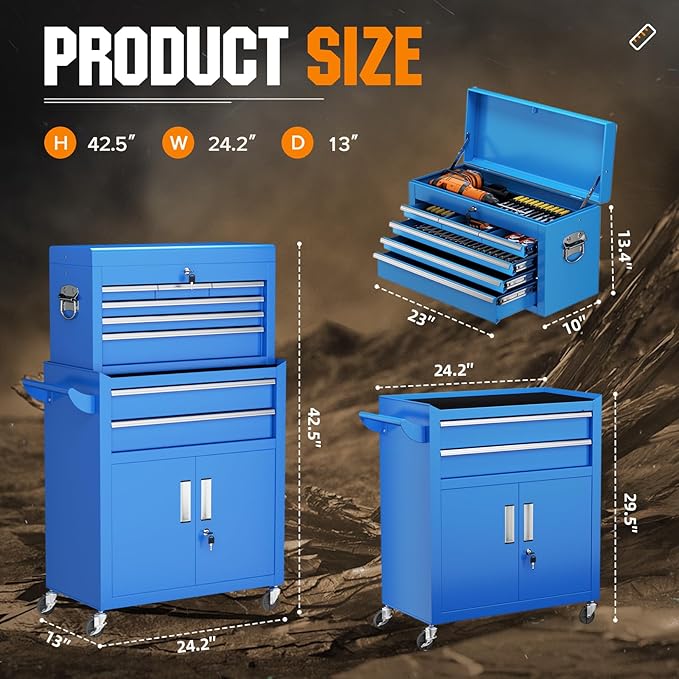 Crownland 8-Drawer Rolling Tool Chest with Wheels, Lockable 2 in 1 Detachable Tool Cabinet wit Drawers and Black Liners, Garage Top Toolbox & Bottom Storage Cart with Side Hooks(Blue)