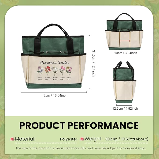 Personalized Garden Tools Set for Women: Custom Text Garden Tool Bag and Garden Shovel & Transplant Shovel & Hand Rake - Gardening Gifts for Mom Grandma Gardening Lover (5 Flowers)