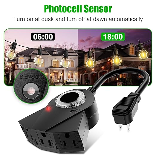 Outdoor Light Sensor Timer, 24 Hours Heavy Duty Waterproof Outlet Timer with 2, 4, 6 or 8 Hours Countdown Mode, 3 Grounded Electrical Outlet for Home Backyard Garden (2 Pack)