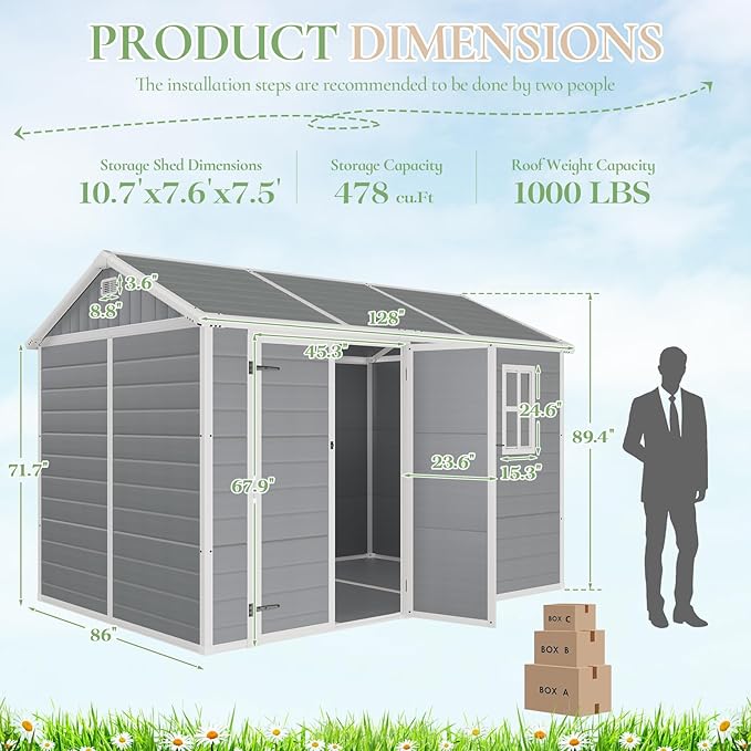 10.5x7.6x7.5 ft Outdoor Resin Storage Shed with Floor, Windows & Air Vents, Large Waterproof Tool Shed for Backyard, Garden, Lawn Equipment & Bikes, Grey