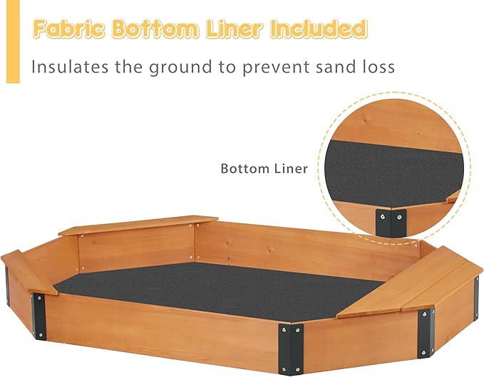 75.5''x53''x8.5'' Octagon Sandbox with Storage Box for Kids Outdoor Play, Wood Large Sandpit with Cover & 3 Benches, Quick Easy Install