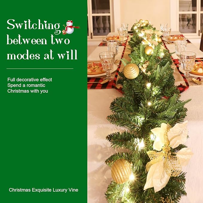 joyhalo Joyhalo 9ft Christmas Garland Decorations with Lights Battery Operated - Outdoor Prelit Christmas Garland for Mantle, Lighted Christmas Garland Indoor for Stairs Railing Fireplace, Gold