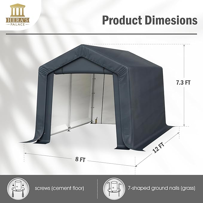 HERA'S PALACE 8x12ft Heavy Duty Carport Outdoor Patio Anti-Snow Portable Canopy Storage Shelter Shed with 2 Doors Garage Kit Tent for Motorcycle Garden Tools