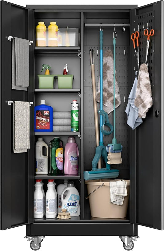 Aobabo Metal Broom Closet Storage Cabinet on Wheels and 2 Lockable Doors, Steel Cleaning Cabinet for Garage with Pegboards and Hooks,Mop Storage Cabinet,Black,Assembly Required