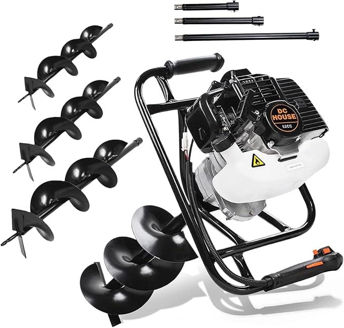 DC HOUSE 52cc 1800W Gas Powered Earth Auger EPA Certified Post Hole Digger, with 3 Drill Bits 4 6 8 and 3 Extension Rods 8 12 20, Mixing Ratio 30:1, for Fence, Farmland and Garden