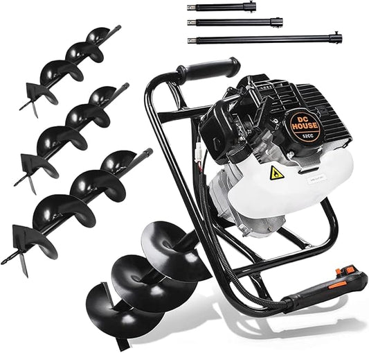 DC HOUSE 52cc 1800W Gas Powered Earth Auger EPA Certified Post Hole Digger, with 3 Drill Bits 4 6 8 and 3 Extension Rods 8 12 20, Mixing Ratio 30:1, for Fence, Farmland and Garden