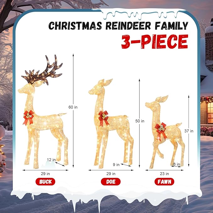 3-Piece 5Ft Lighted Christmas Deer Family Set, 3D Outdoor Christmas Decorations Yard with 280 Warm White LED Lights for Outdoor Front Yard Patio Lawn Garden Porch - Gold