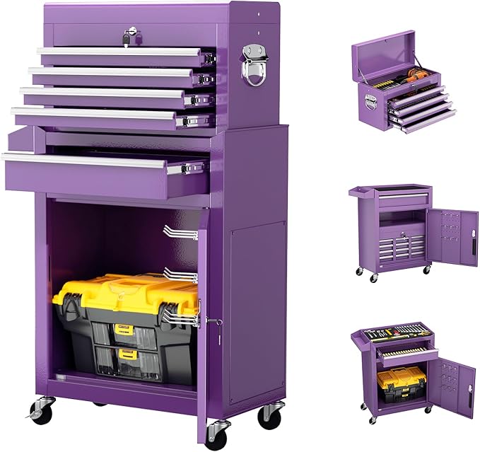 Crownland 5-Drawer Rolling Tool Chest with Wheels, Lockable 2 in 1 Detachable Tool Cabinet wit Drawers and Black Liners, Garage Top Toolbox & Bottom Storage Cart with Side Hooks(Purple)