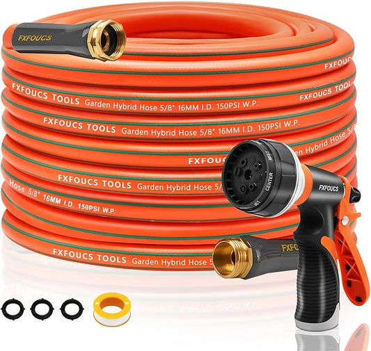 Heavy Duty Garden Hose ? 5/8 Inch Flexible, Lightweight Hybrid Hose with 600 PSI Burst Pressure, Swivel Handle, and Durable Copper Male/Female Fittings (Orange with hose sprayer, 75FT)