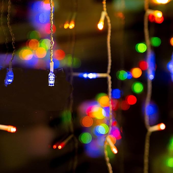 Dazzle Bright Christmas Icicle Lights, 88.5 FT 1080 LED 8 Modes Curtain Fairy Lights with 180 Drops, Xmas String Lights for Outdoor Holiday Wedding Party Decorations (Multi-Colored)